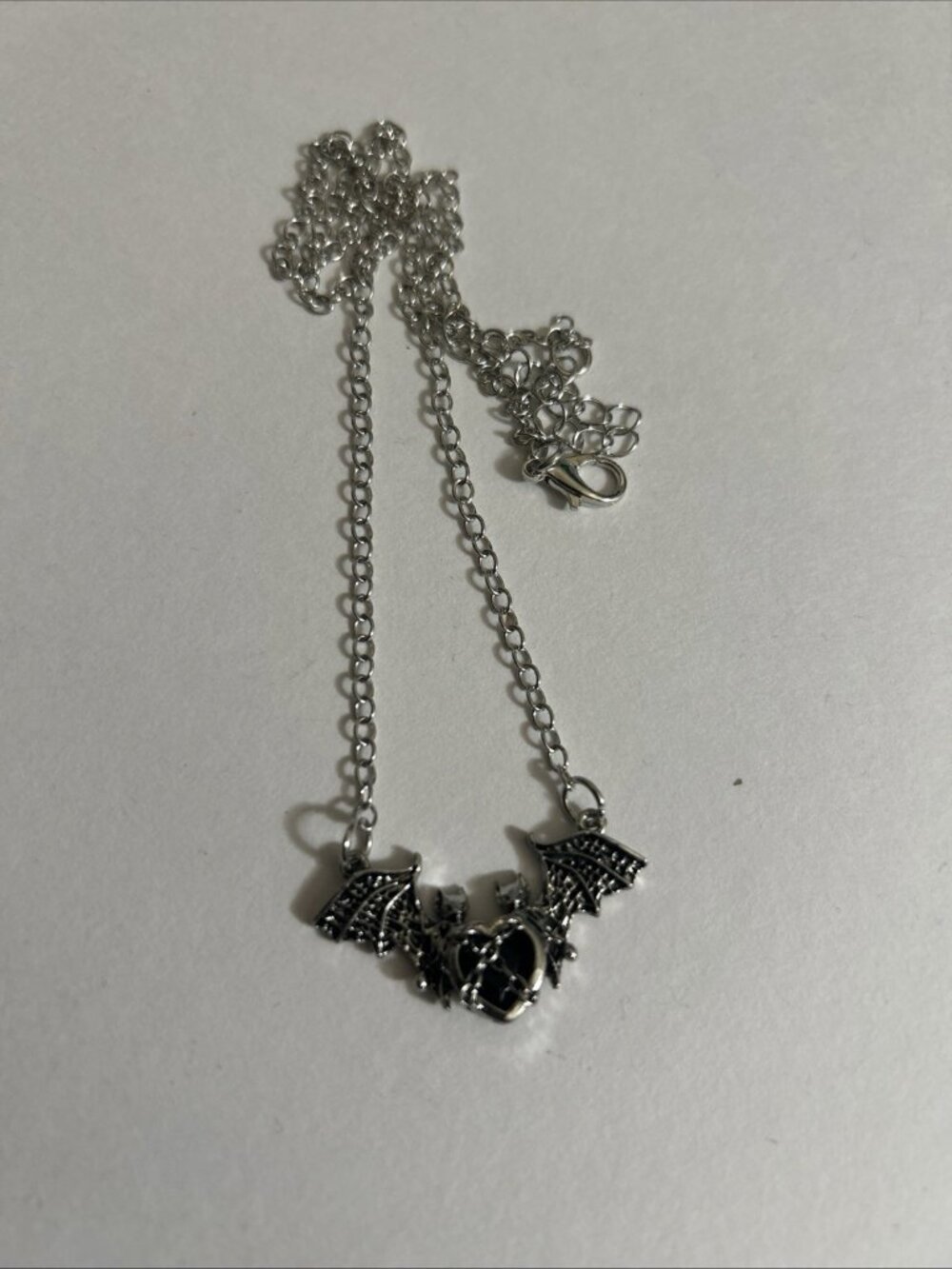 Bat charm necklace 20 inch Stainless Steel Chain W Double Bat Heart Pendant